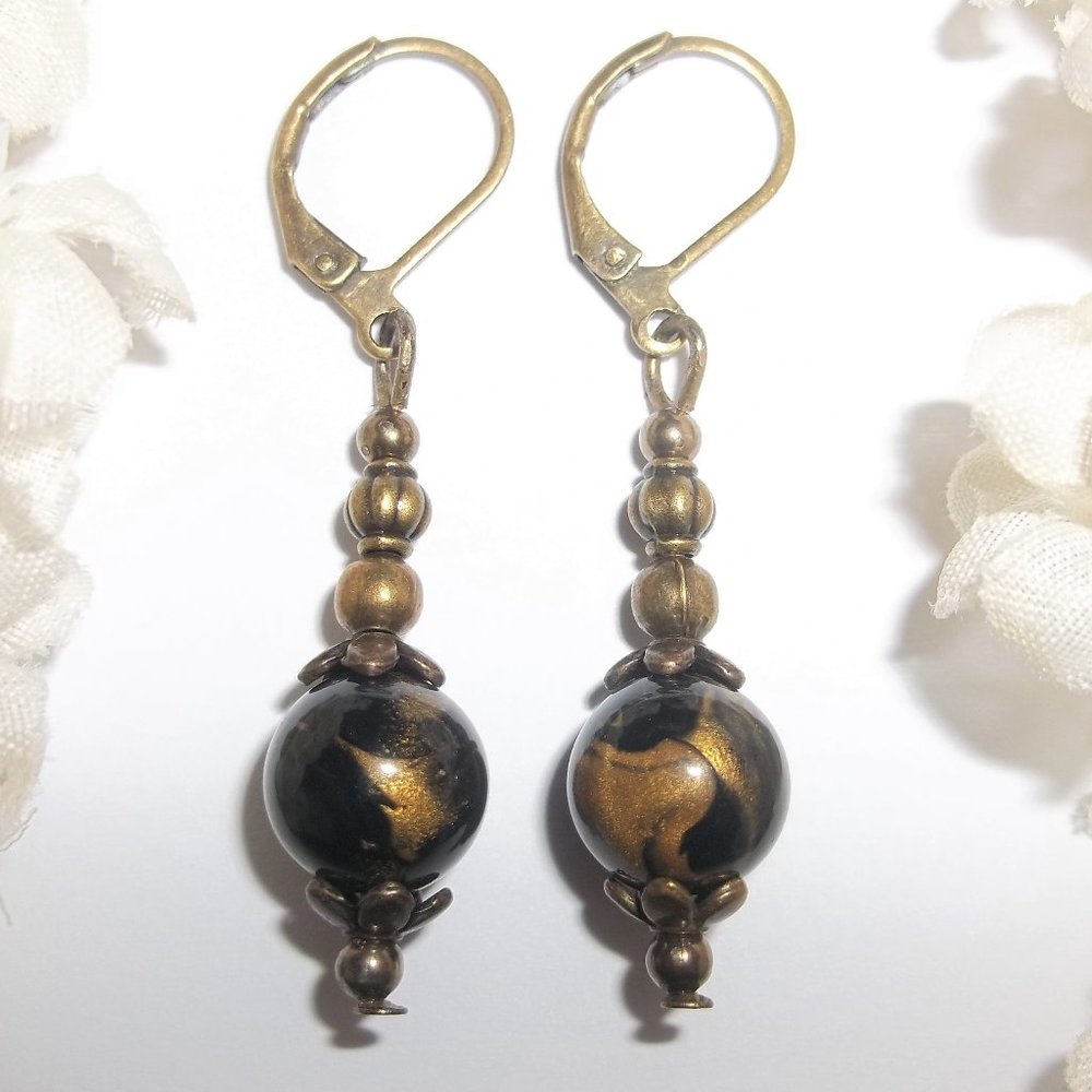 Boho Earrings Black and Bronze Beaded Dangle Drop Jewelry Gift Lever Back D9120